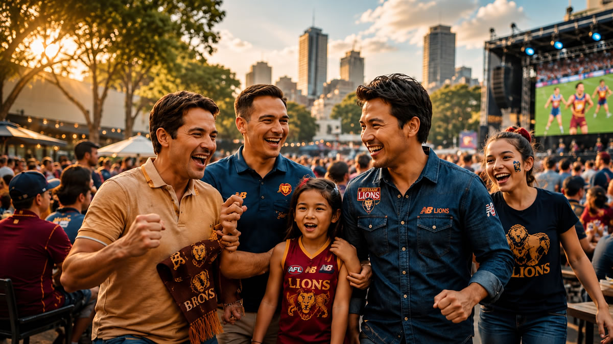 Families and footy fans enjoying a family-friendly Grand Final Day event with a big screen.