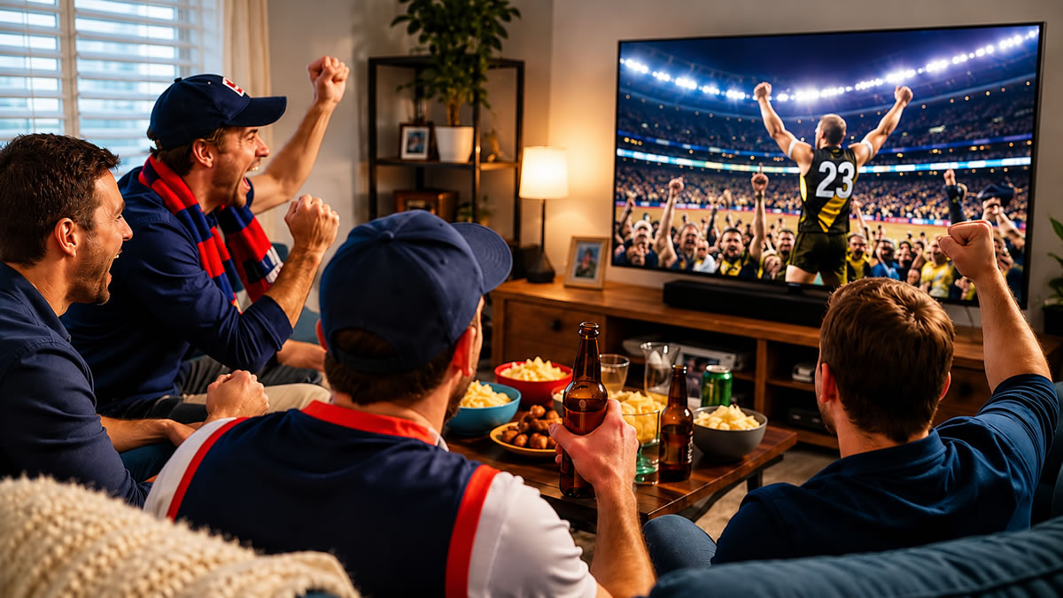 Friends cheering while watching the footy on a big-screen TV at a Grand Final watch party at home.