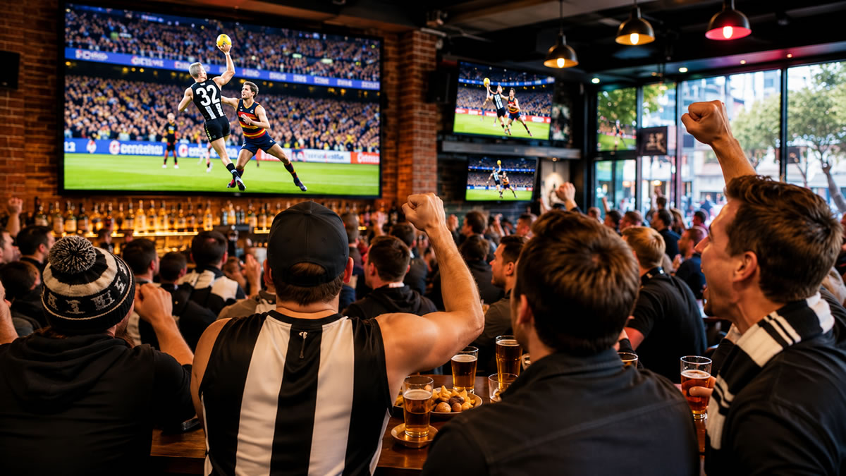 Footy fans watching the AFL Grand Final on big screens at a busy sports pub