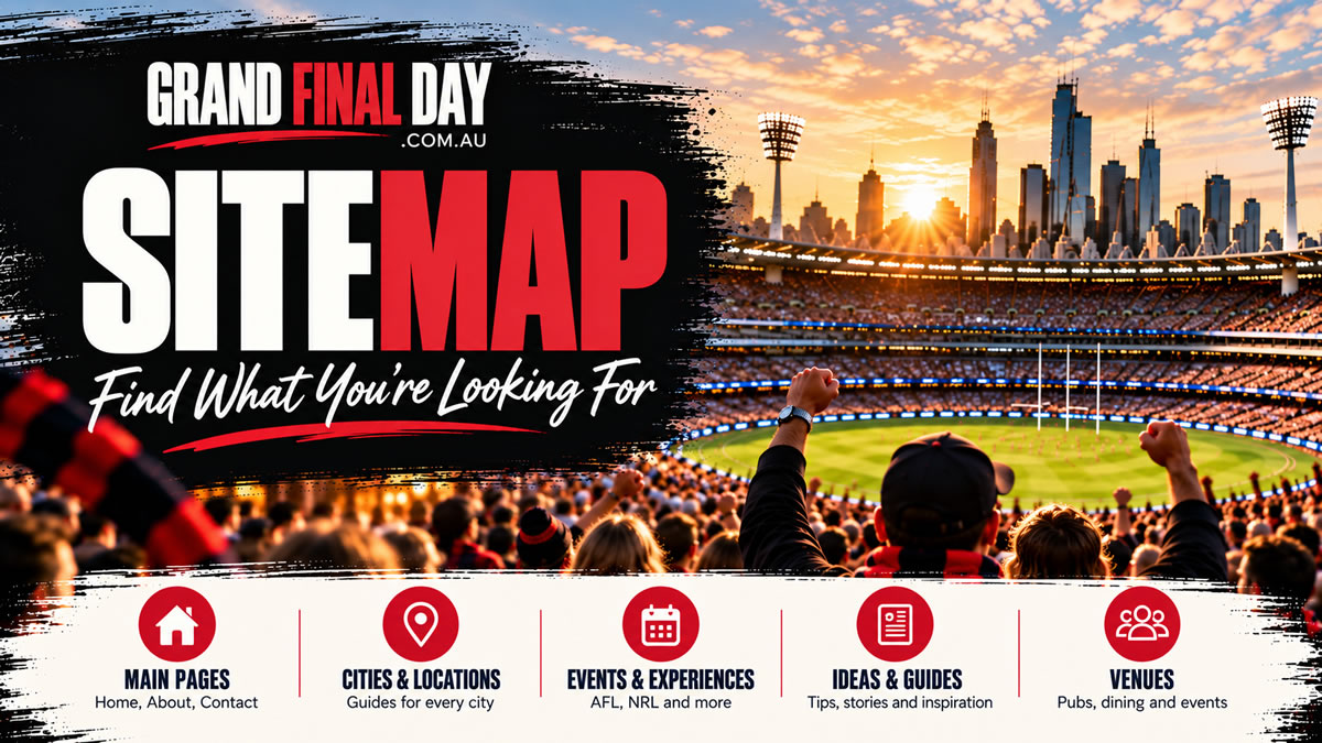 Grand Final Day sitemap featuring links to city guides, ideas, traditions, news and key pages across GrandFinalDay.com.au.