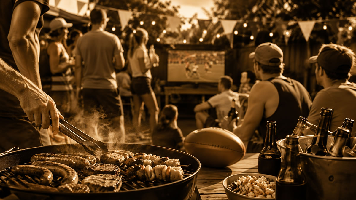 Friends enjoying a backyard BBQ while watching the footy together on Grand Final Day