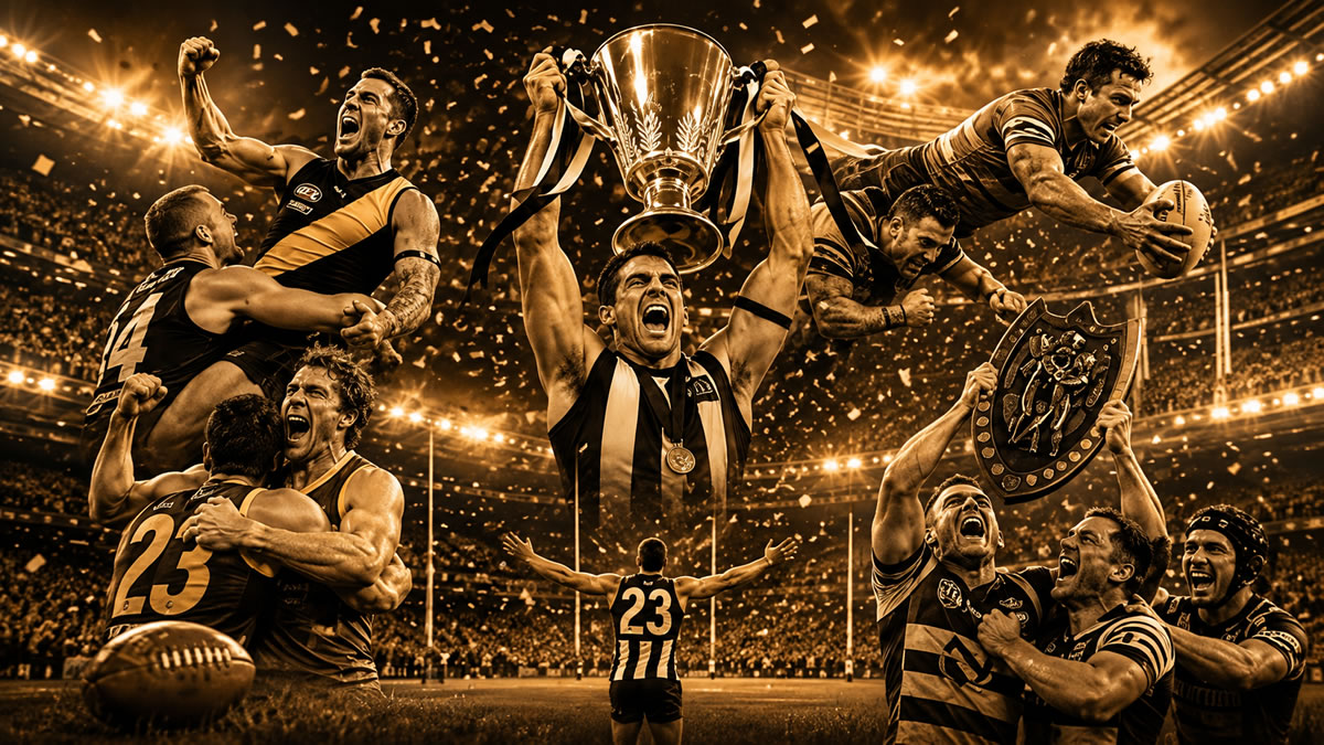 Collage of Australian football players celebrating memorable Grand Final victories and premiership moments.