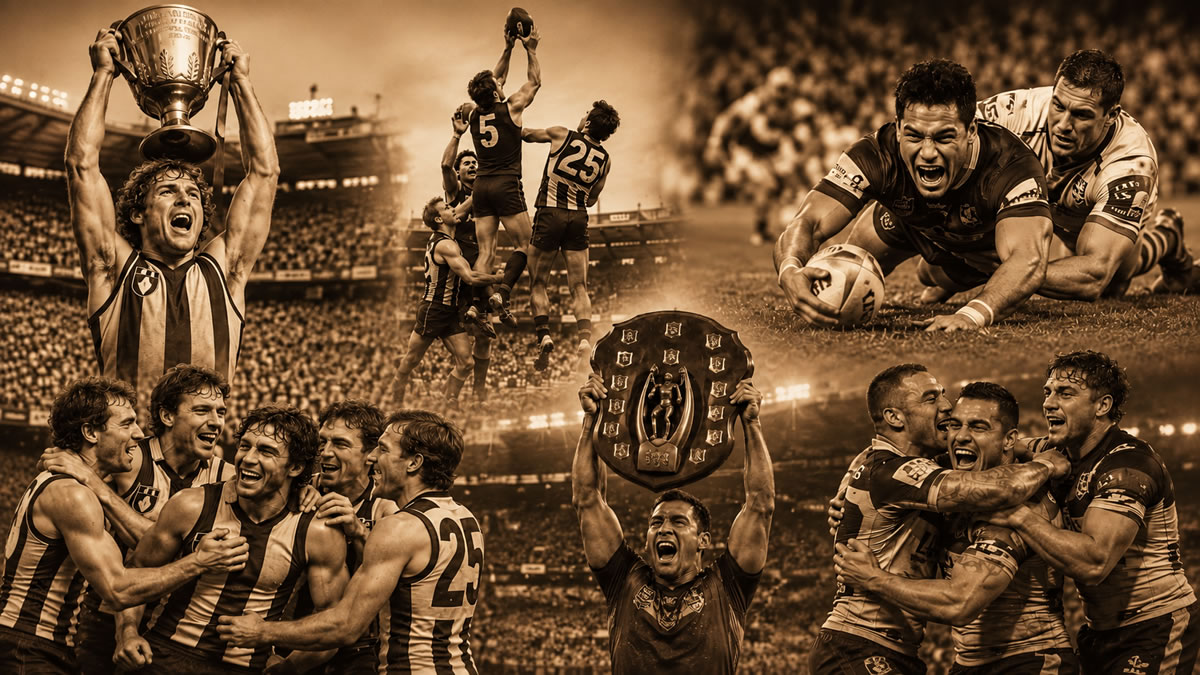 Collage celebrating unforgettable moments from Australian rules football and rugby league Grand Final history