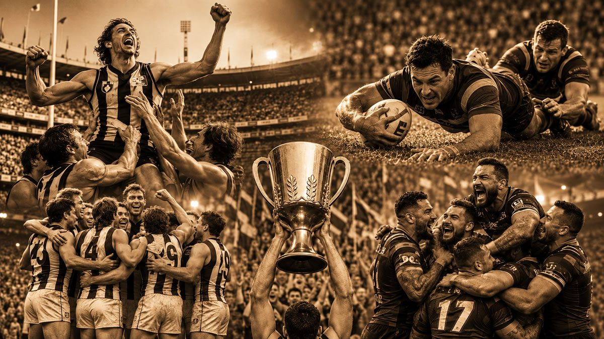 AFL and NRL players celebrating Grand Final victories, premiership glory and unforgettable moments.
